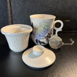Teavana Tea Cup Mug Infuser Blue Floral Pattern Bone China